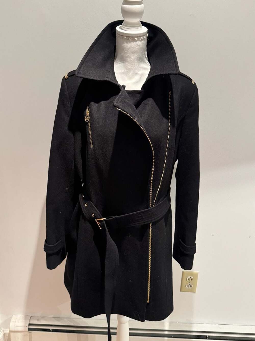 Michael Kors Black Wool Blend Belted Trench Coat with Gold Zippers and Hardware